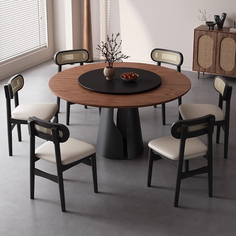 Italian Light Luxury Ash Wood Round Dining Table with Turntable Nordic Simple Small Apartment Solid Wood Dining Table and Chair Combination Round Table