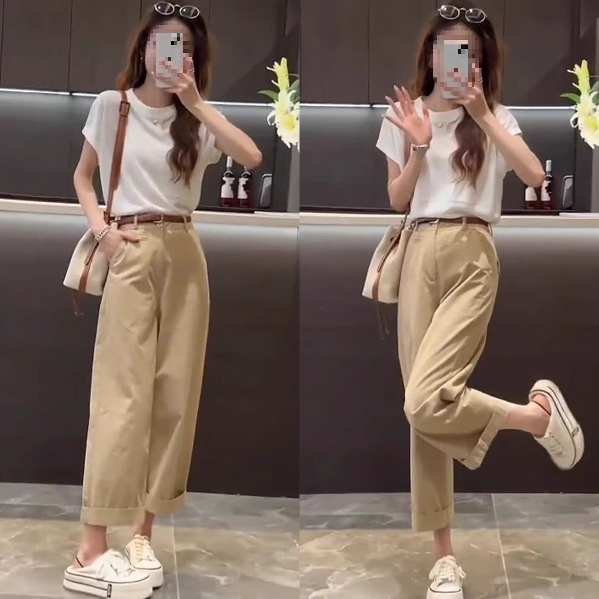 Bộ đồ thể thao nữ mùa hè áo thun phối quần jogger 2 món — Quần Xanh (Single Piece), Quần kaki (Single Piece), Áo Trắng (Single), Áo trắng+quần kaki chi tiết 2