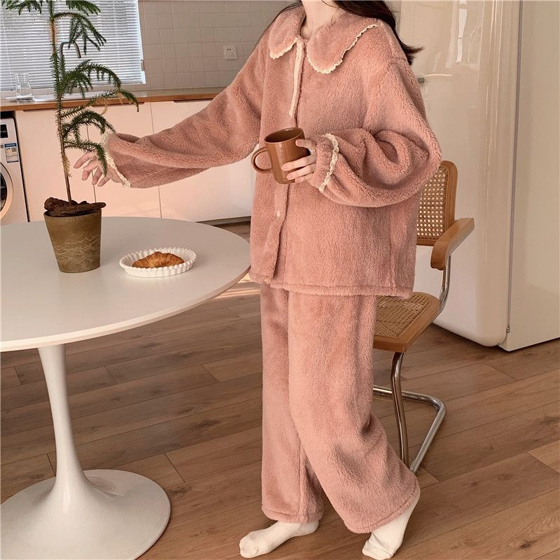 Pijamas de lana de coral con cuello de muñeca dulce francés para mujer más terciopelo engrosado ropa de hogar de franela de invierno traje de gran tamaño invierno