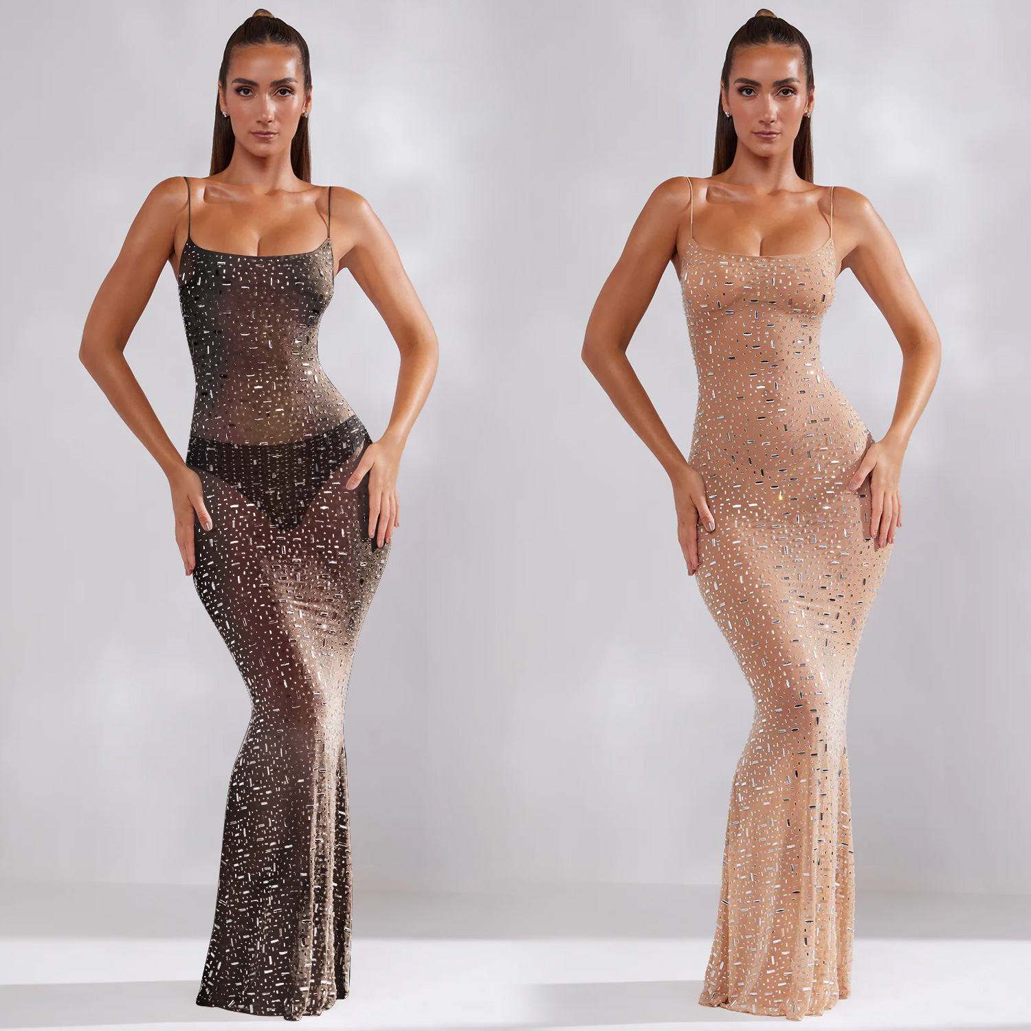 C6726 transfronteriza AliExpress Amazon europeo y americano de moda de las mujeres de color sólido de malla rhinestone vestido de la correa del vestido