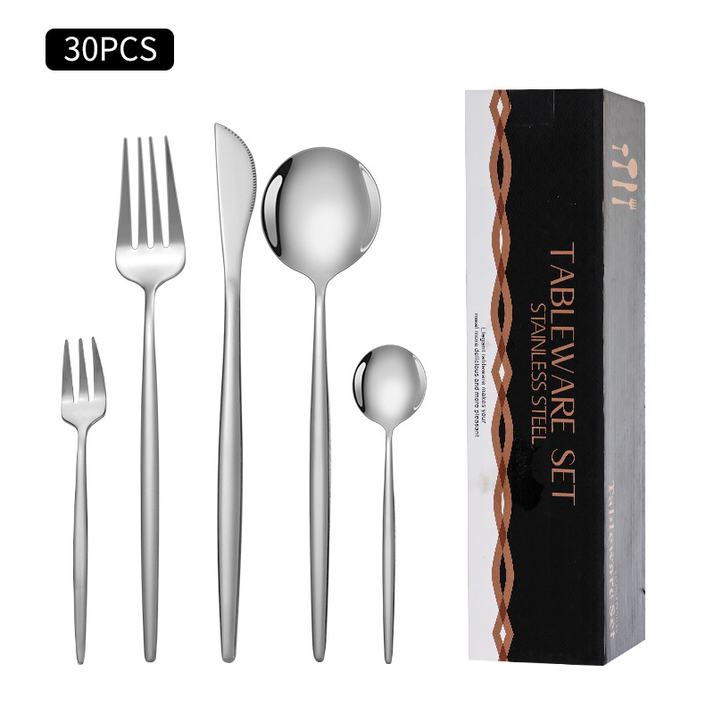 Cruz-Frontera de acero inoxidable vajilla portugués cuchillo y tenedor conjunto de 30 piezas de comida occidental cuchillo de filete de oro y cuchara de la caja de regalo