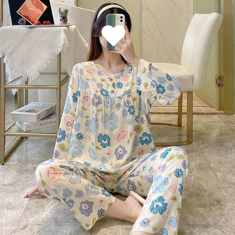 依妮衫人棉绸长袖睡衣女爆款女士家居服夏季长袖人棉套装一件代发