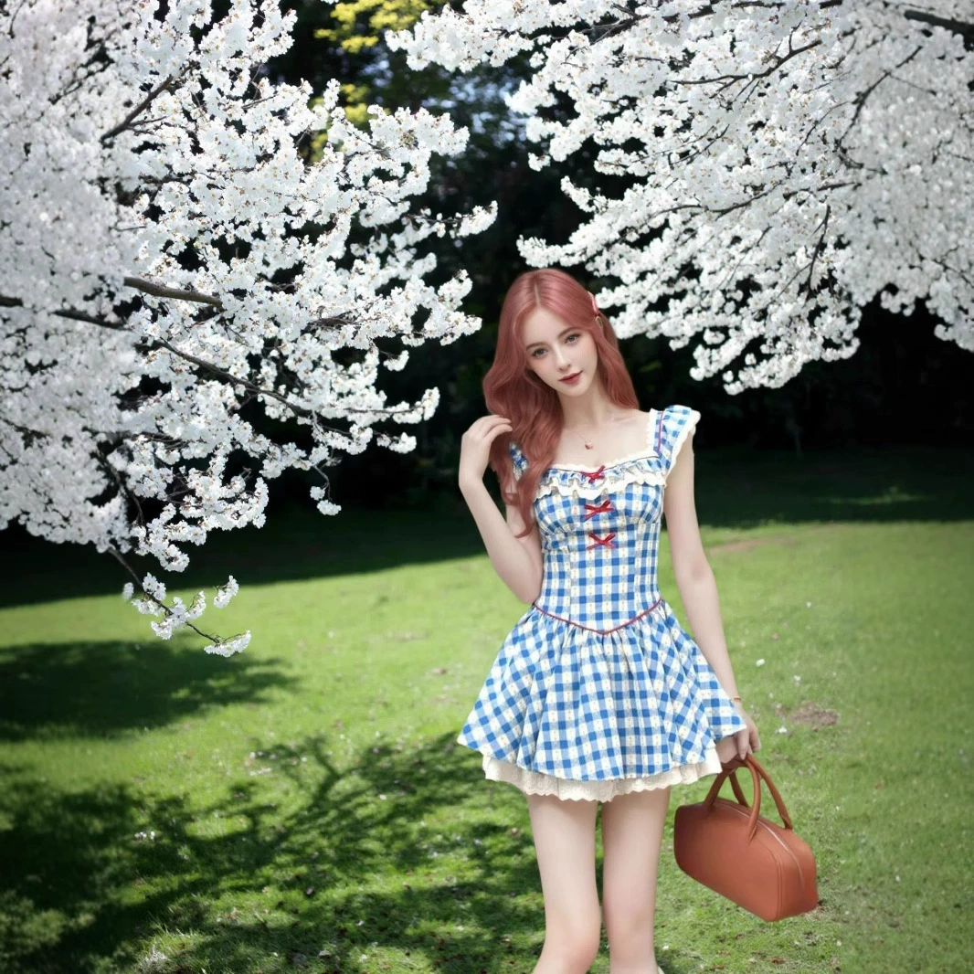 Кросс-бордерное платье 2025 года в стиле колледжа с маленькими летящими рукавами, квадратным воротником, синего цвета, с юбкой на талии сзади, в стиле внешней торговли.