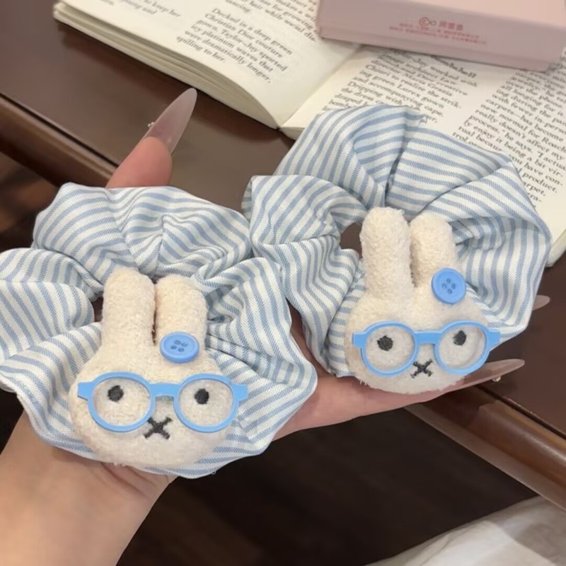 可爱毛绒眼睛小兔蓝色条纹大肠发圈日系甜美高颜值少女风发圈发饰|undefined