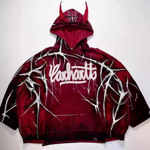 American New Street dark fashion retro y2g men's and women's same devil print loose sweater with corner hooded
