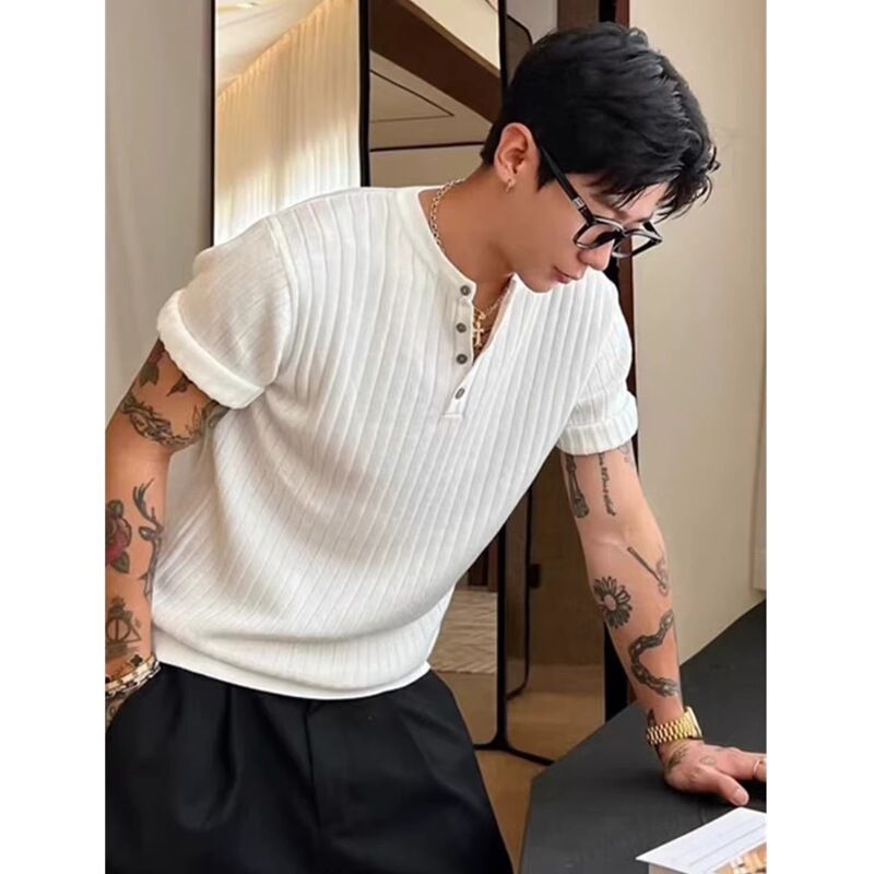 Factory direct trendy striped Henry collar short-sleeve t-shirt for men, summer ice silk knit shirt, light mature style for commuting Factory direct trendy striped Henry collar short-sleeve t-shirt for men, summer ice silk knit shirt, light mature style for commuting