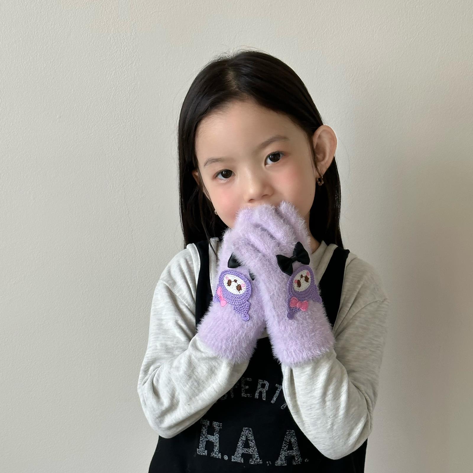 Guantes para niños otoño y invierno caliente corbata de dibujos animados galería de arroz dedo de las niñas guantes de punto de lana pelusa gruesa