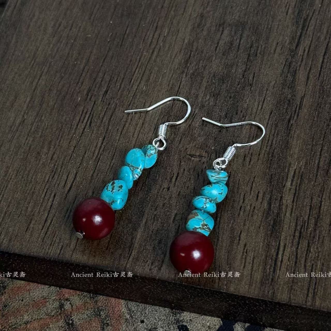 Chino | Unique Xizang Earrings, Green Stones, Dark and Light Colors, Irregular Earrings for Men and Women, Niche Literature and Art