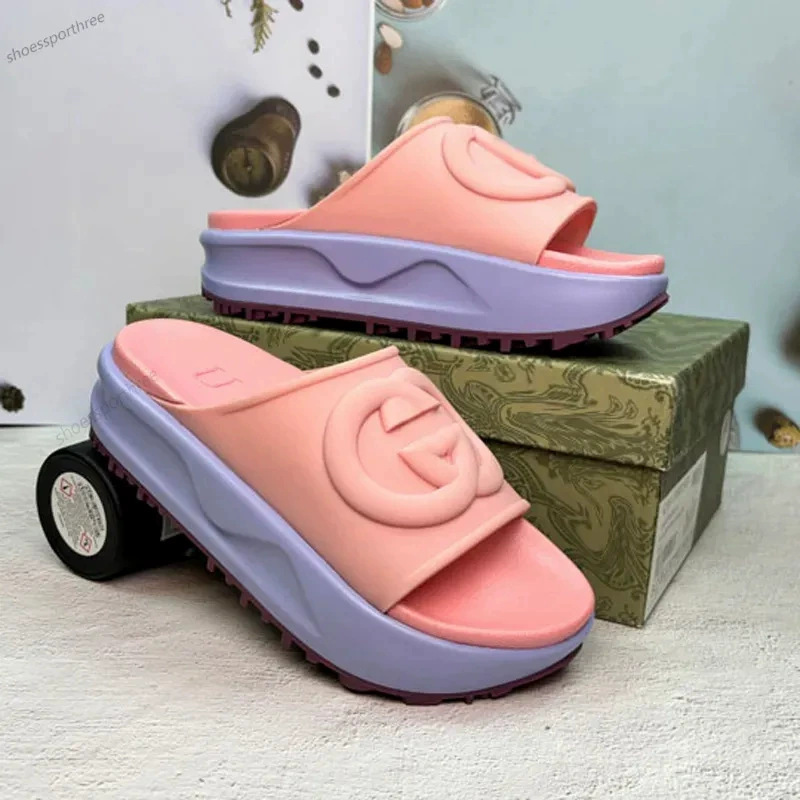 In-Stock Thick-Soled Height-Increasing Slide Sandals with Embossed Logo Design, Non-Slip Serrated Outsole, Versatile for Outdoor Wear and Beach Use