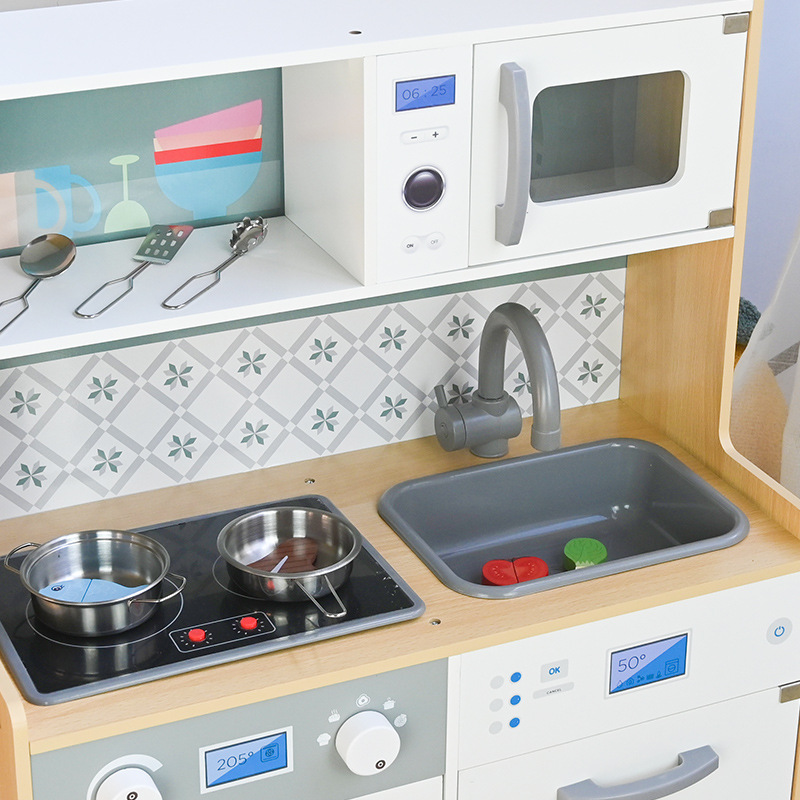 Cocina de grano de madera Educación temprana para niños Comunicación interactiva entre padres e hijos Horno de simulación Cocina Juguetes de cocina