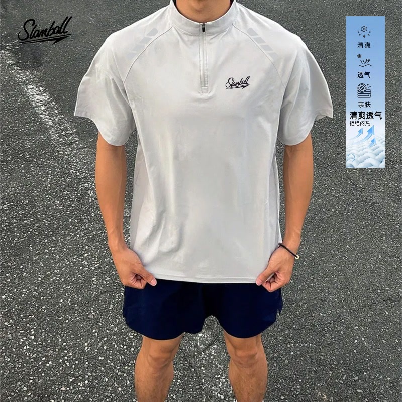 SLAMBALL Sports Short-sleeved T-shirt Zipper Sunscreen Running Marathon Running Moisture-wicking Quick-drying Clothes Fashion