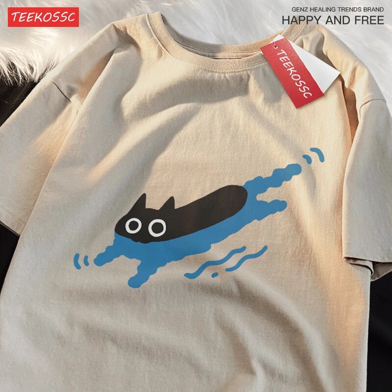 Couple T-Shirt Swimming Black Cat Diving Short-Sleeved T-Shirt for Men and Women Breathable Casual Pure Cotton Loose Top