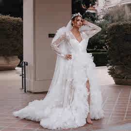结婚晨袍婚纱小众高级感新娘长款拖尾结婚睡袍礼服连衣裙网纱蕾丝