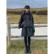 复古简约通勤韩系两件套围巾领毛呢外套百搭短裤女秋冬季新款