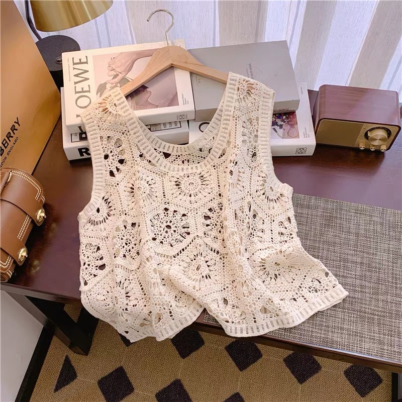 French Crochet Cut Out Knitwear Vest for Women 2025 Spring and Summer New Large Size Fat mm Layered Sleeveless Top
