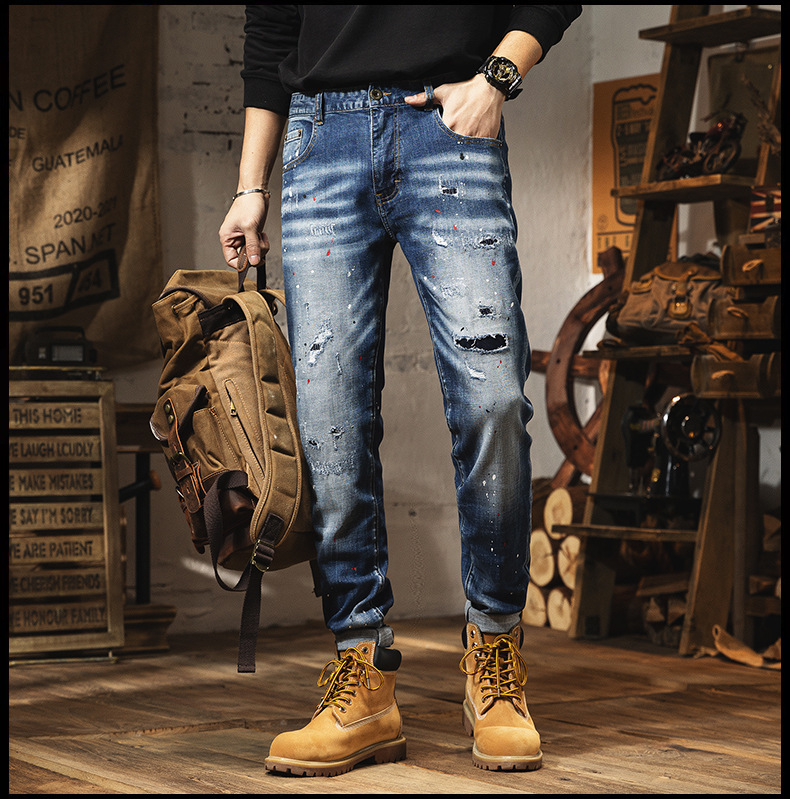 Men's Clothing Retro Light-colored Jeans For Men In Spring Trendy Brand Ripped Trousers Slim Fit Small Feet Washed Men's Trousers Spring And Summer_voghion.com