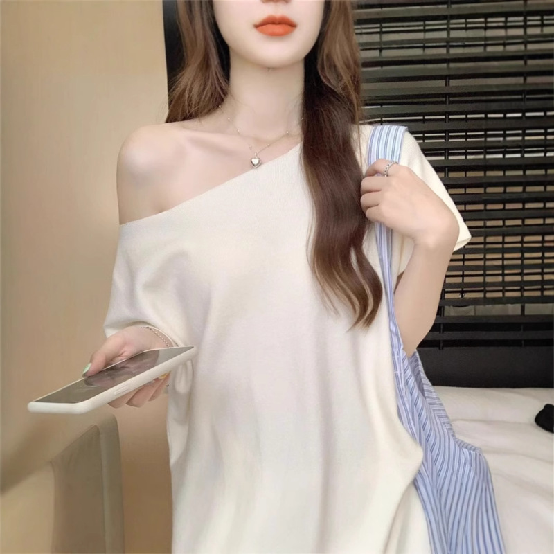 韓国の不規則な斜め肩バットスリーブニットTシャツ、女性用、新しい夏スタイルのレイジースタイルのゆったりとしたスリムなトップ|undefined