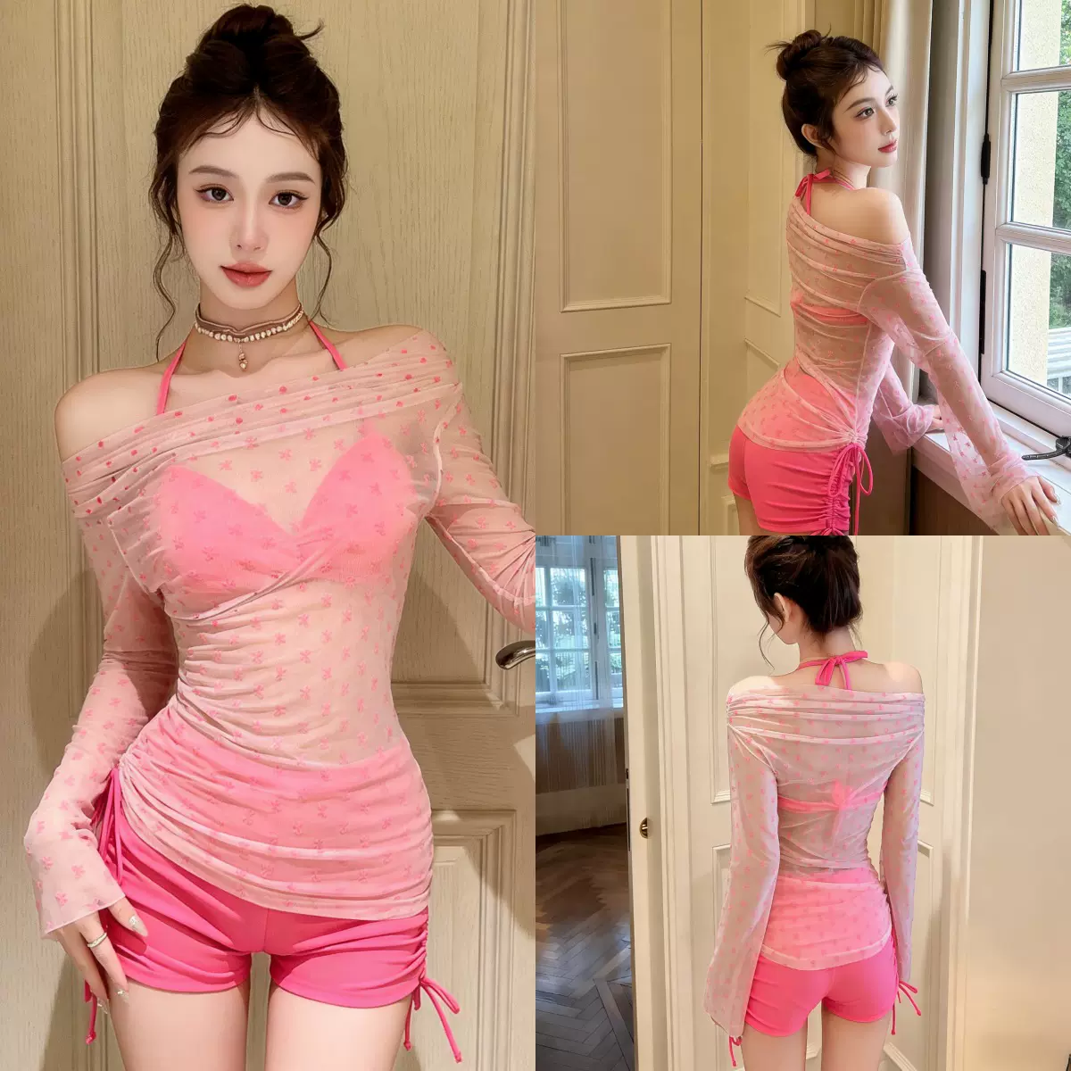 蝴蝶结波点比基尼三件套长袖罩衫泡温泉海边度假高级感分体泳衣女