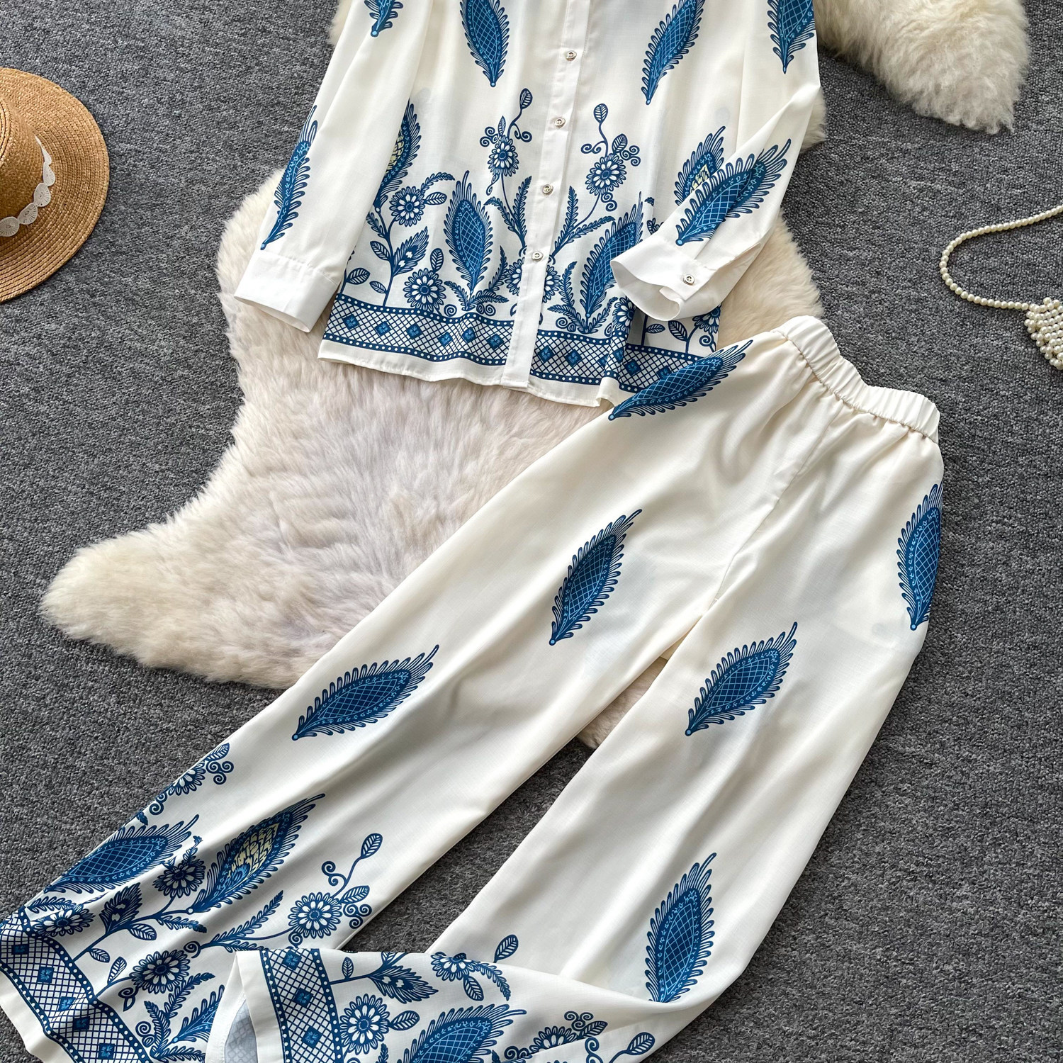 Retro Print Two Piece Set For Women Polo Collar Long Sleeve Shirt And Wide Leg Pants Elegant Commuter Suit_ecoleips.com
