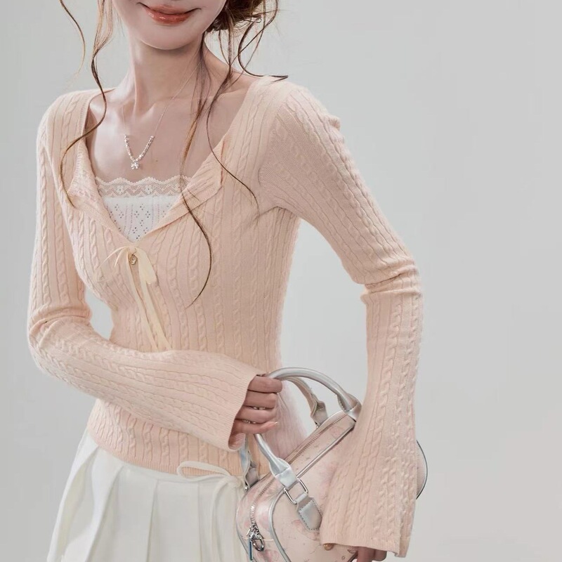 Gentle and Sweet Lace-Up Collared Slim-Fit Long-Sleeve Knit Top with a Sweet and Spicy Style Gentle and Sweet Lace-Up Collared Slim-Fit Long-Sleeve Knit Top with a Sweet and Spicy Style
