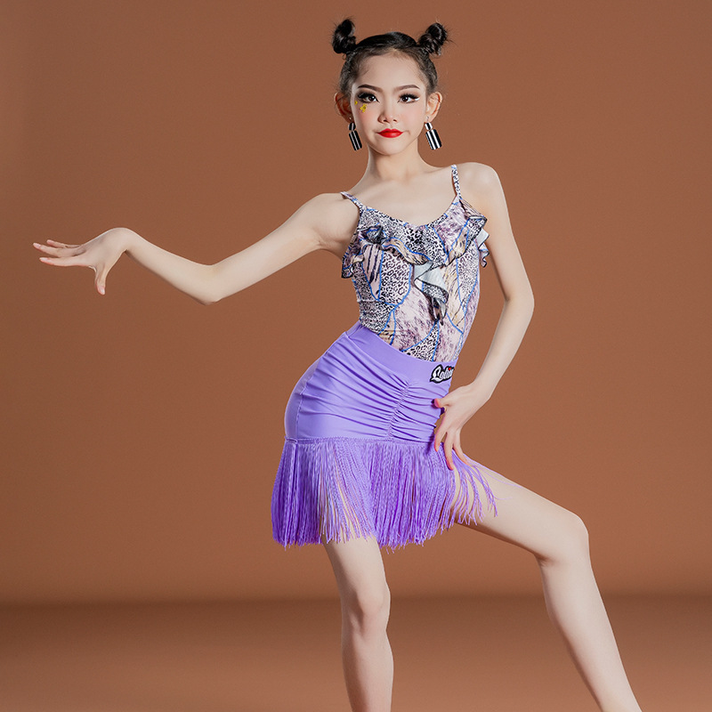 Light purple printed fringe latin dance dresses  for girls kids children Latin dance skirts modern practice dance costumes children dance uniforms