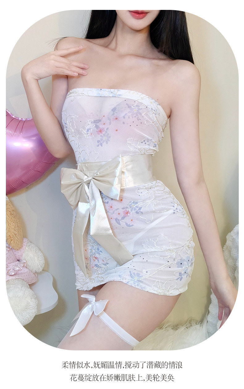 Strapless Kimono Nightdress Set with Printed Sheath Skirt, Polyester, One Size — detail image 8