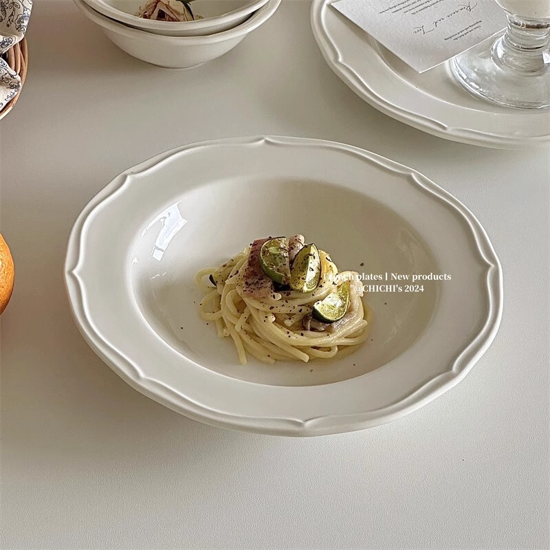 French Vintage Classic Line Relief Plate Afternoon Tea Dessert Cake Plate Household Fruit Deep Plate Bowl Tableware suit