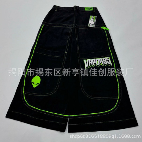 Alien pattern jeans European and American trend 2024 new foreign trade American washed casual wide leg long pants Alien pattern jeans European and American trend 2024 new foreign trade American washed casual wide leg long pants