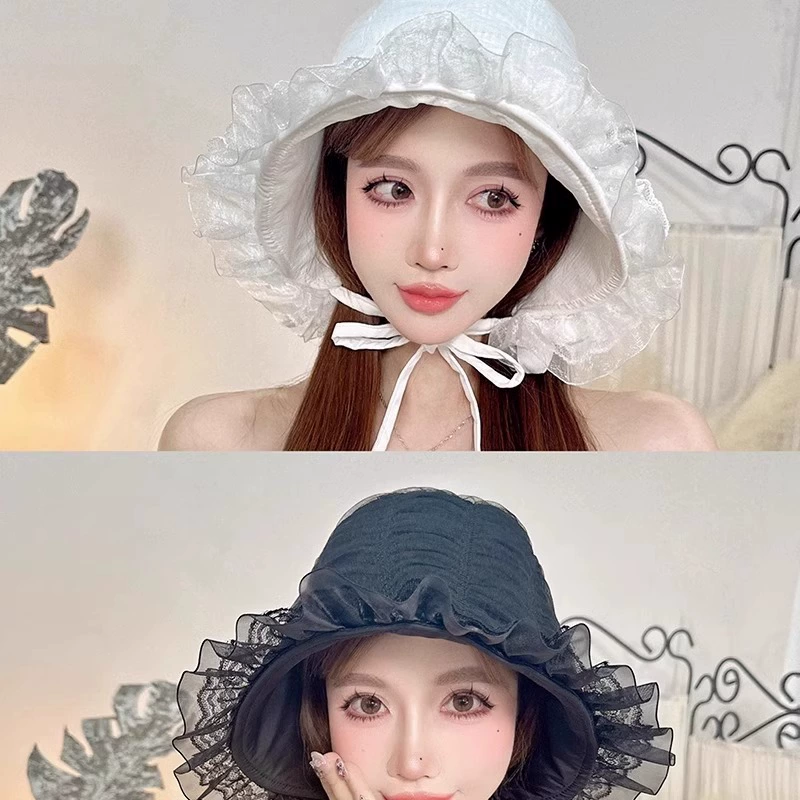 Lolita Lace Seersucker Cute Hair Hood Women's Spring and Summer French Romantic Pleated Lolita Tie Basin Hat