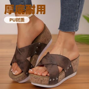 2025 New Foreign Trade Summer Women's Wedge-Heeled Thick-Soled Slippers for Outer Wear Cross-Border Large Size Fish Mouth Thick-Soled Wedge-Heeled Slippers