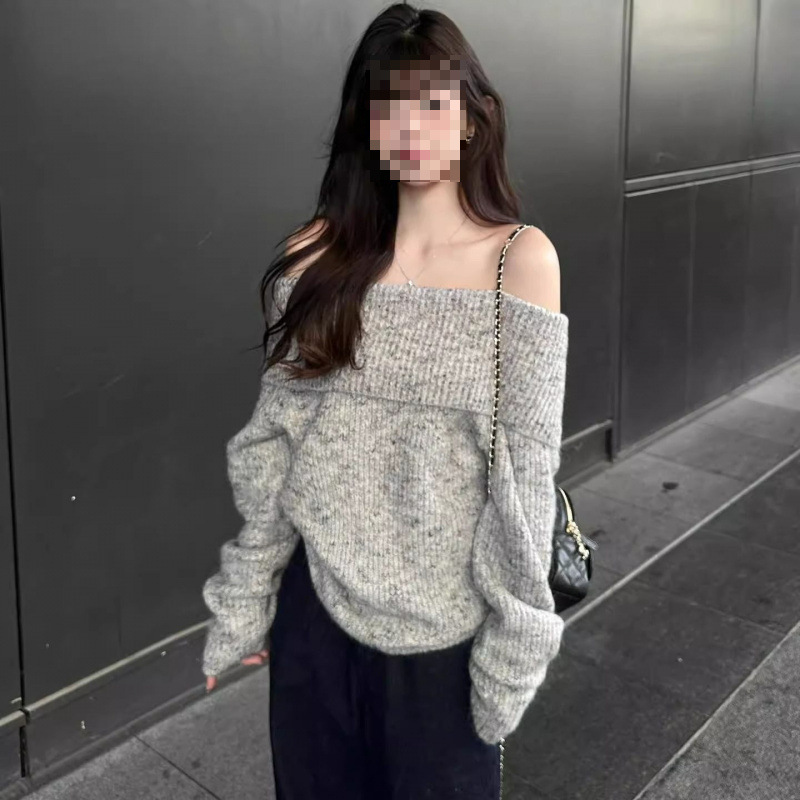 灰色露肩韩系套头毛衣女秋慵懒风宽松休闲显瘦气质小个子长袖上衣|undefined