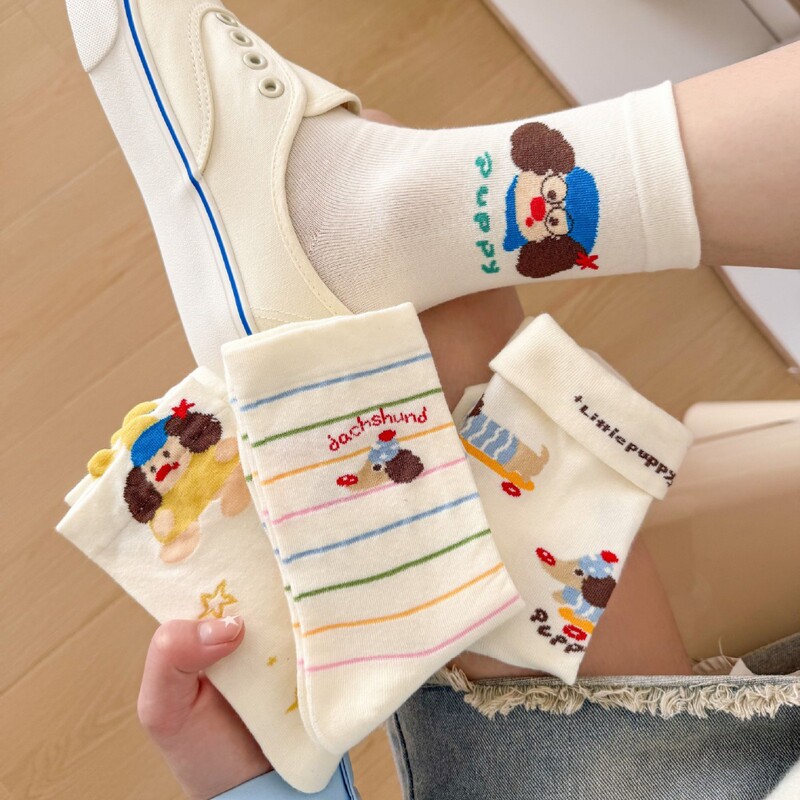Cute Dachshund Puppy Socks Women's Spring and Summer College Style Japanese Illustration Cartoon Striped College Style Summer Stockings