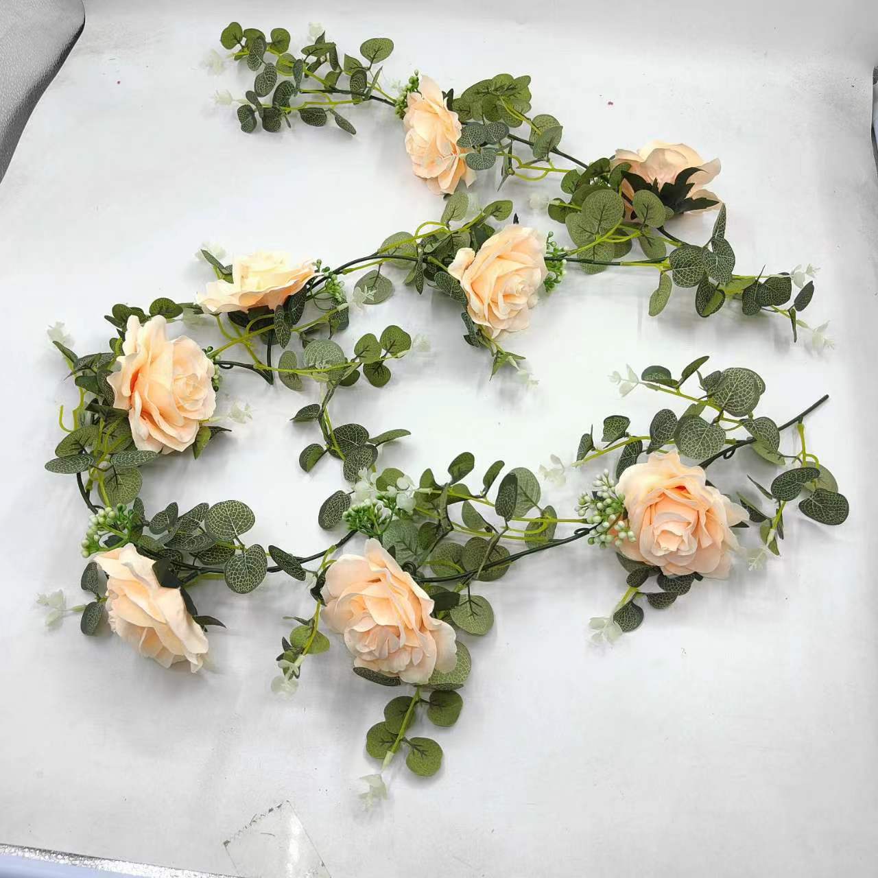 Eucalipto artificial guirnalda más tela de seda artificial Rosa vid verde decorativo largo boda arco Mesa pared fondo