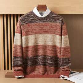 韩版男士圆领山羊绒衫秋冬季宽松加厚毛衣拼色百搭时尚针织打底衫