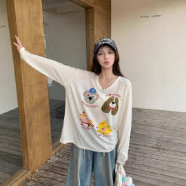 趣味印花韩版卡通印花u领T恤春夏宽松显瘦长袖百搭打底衫女潮