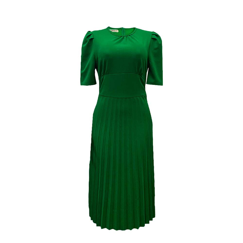 summer new short-sleeved pleated solid color foreign trade European and American large size cross-border dress_senzul.com