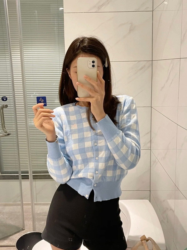 高版本RL拉夫针织开衫小马刺绣撞色格纹时尚气质长袖甜美上衣女|undefined