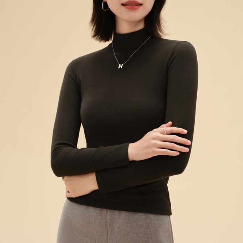 半高领德绒打底衫女士春秋款内搭纯色加绒加厚保暖上衣修身打底衣|undefined