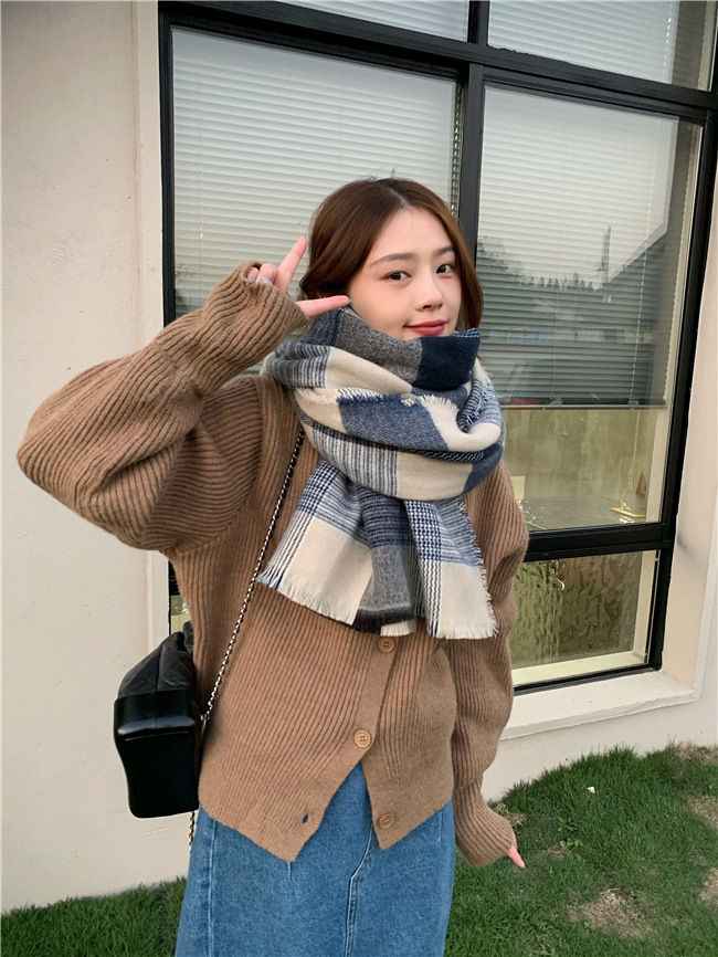 Sciarpa a quadri blu bianco super morbida per le donne in autunno inverno, spessa e calda, sciarpa in imitazione cashmere, coreana_voghion.com
