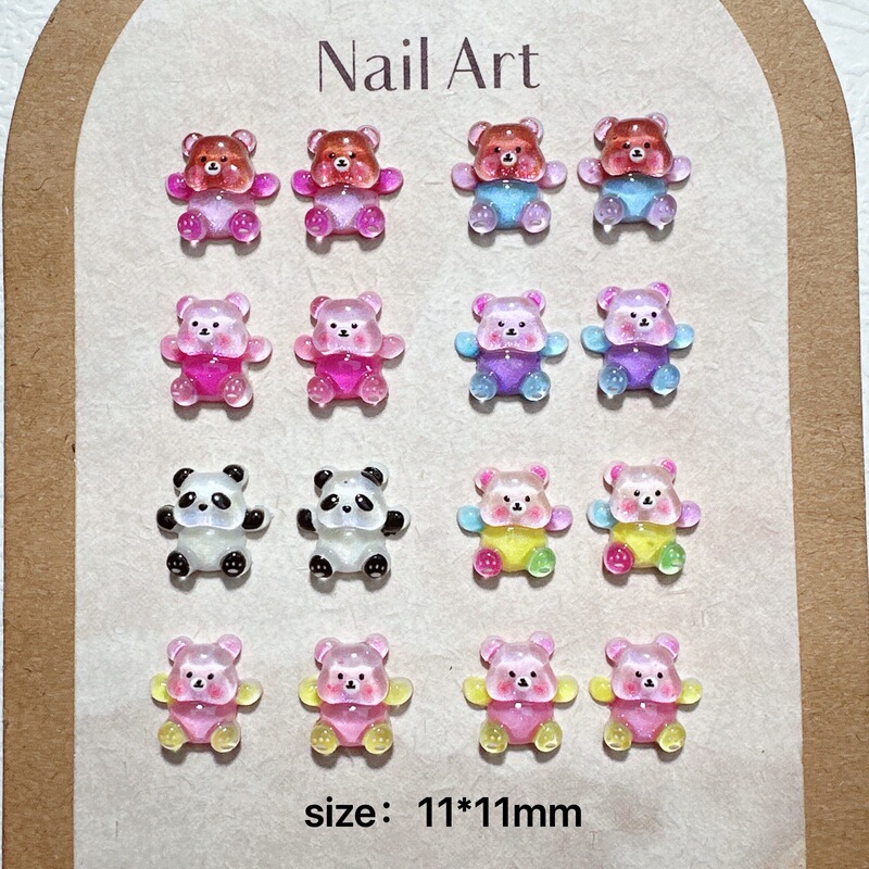 Cross-Border Fine Glitter Glow-In-The-Dark Bear Nail Art Decorations Cute and Adorable 3D Panda Cartoon DIY Nail Decoration Accessories