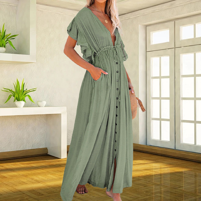 Solid Colour Long Beach Cover-up Dress Sun Protection Shirt_voghion.com