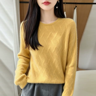秋冬新款100纯羊毛衫女圆领针织衫套头羊绒毛衣通勤女装打底上衣