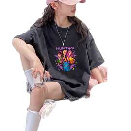 K-POP猎魔女团短袖T恤女童夏装复古做旧打底衫中大儿童洋气亲子装