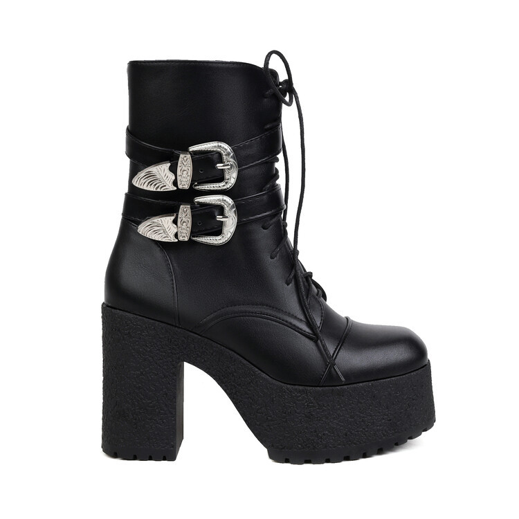 New round head front strap with double belt buckle side zipper waterproof platform chunky high heel ankle boots_voghion.com