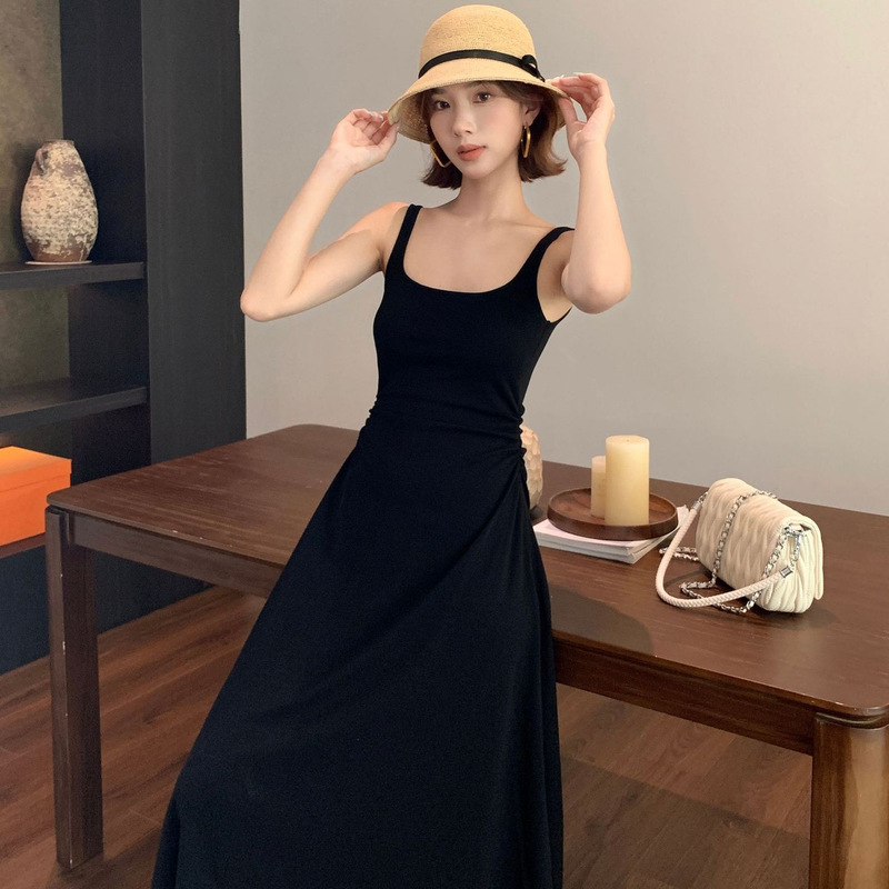 Summer Sweet and Stylish Pleated Waist-Cinching Slimming Casual Dress with Built-In Fixed Cup Pads, Long Dress for Women Wholesale Summer Sweet and Stylish Pleated Waist-Cinching Slimming Casual Dress with Built-In Fixed Cup Pads, Long Dress for Women Wholesale