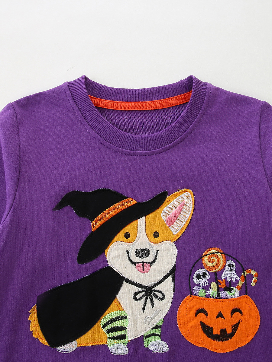 26 nuevos estilos de sudaderas para niñas, estilo europeo y americano, con parches de dibujos animados de Halloween, suéteres de manga larga para niños, venta al por mayor de una sola pieza.