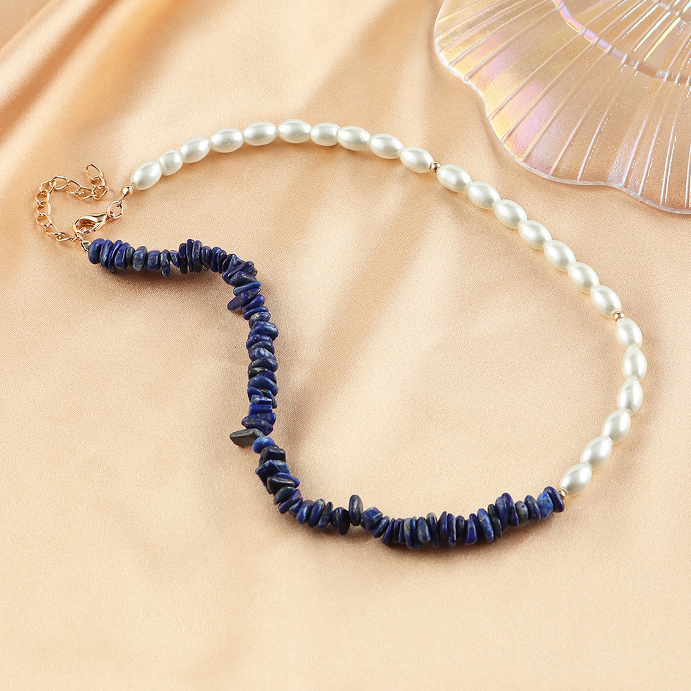 Bohemian style sapphire blue pearl necklace resin collarbone chainpicture4