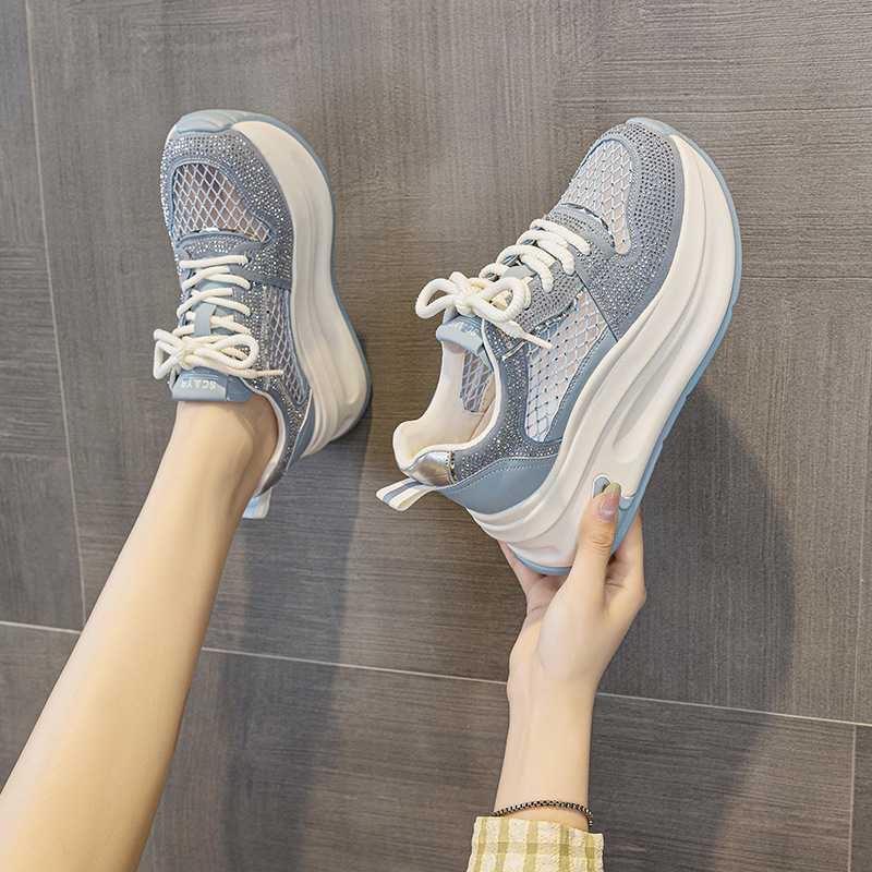 2025 Summer New White Sneakers Thick Sole Lace-up Color Block Rhinestone Casual Height-increasing Women's Shoes Slimming_voghion.com