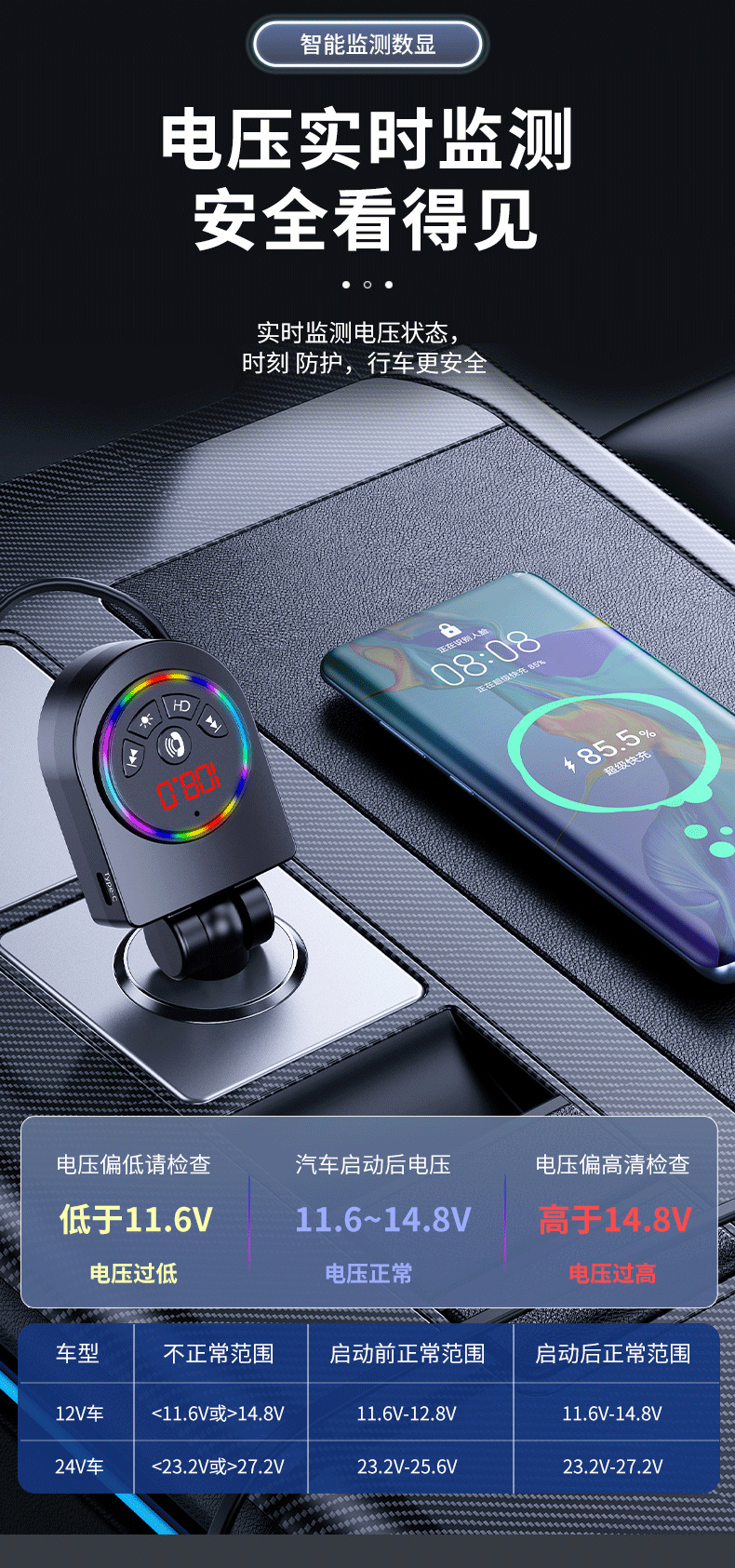 Y13 Car Fast Charger with Retractable Cable, Colorful Ambient Light, Bluetooth MP3 Player, Foreign Trade Automotive Supplies