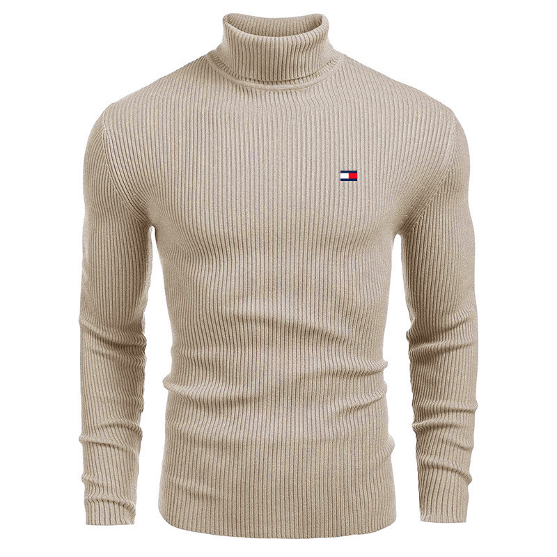 Cross-Border Foreign Trade Men's Autumn and Winter Tommy Embroidered Ribbed Knit Sweater Casual Turtleneck Pullover Base Shirt Cross-Border Foreign Trade Men's Autumn and Winter Tommy Embroidered Ribbed Knit Sweater Casual Turtleneck Pullover Base Shirt
